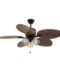 52" Tropical Ceiling Fan with Light, Indoor Outdoor Palm Leaf Ceiling Fan with decorative leaf blades and glass light shades.
