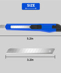 Blue retractable utility knife, 5.2in long, with extended blade and separate replacement blade, side view.