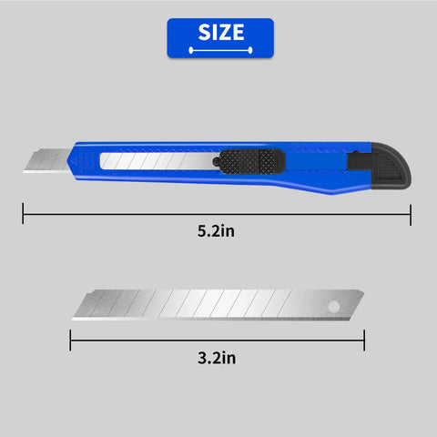 Blue retractable utility knife, 5.2in long, with extended blade and separate replacement blade, side view.