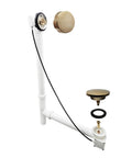Heavy Duty 35 Inch Cable Drive Bathtub Drain Trim Kit Featuring A Rock Solid Brass Rotary Overflow Knob And Dang Smooth Pop Up Stopper With Built In Strainer Plus Straight Shot Poly Tubular Pipes In Real Nice Champagne Bronze displayed with components.
