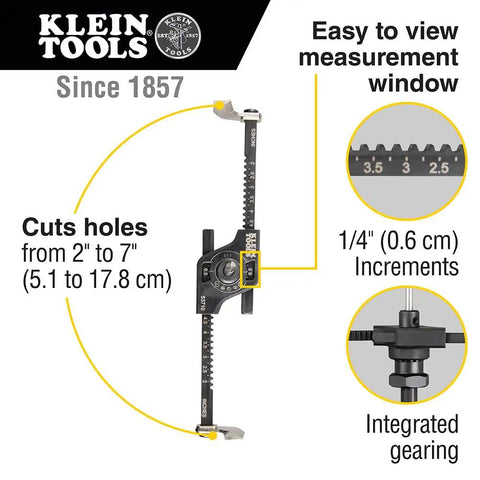 Rugged Hole Saw Replacement Kit Featuring Premium Bimetal Blades And Precision Pilot Bit For Adjustable Drywall Cutters Yields Zero Sweat Two To Seven Inch Snappy Cuts Daily Guaranteed with measurement window.