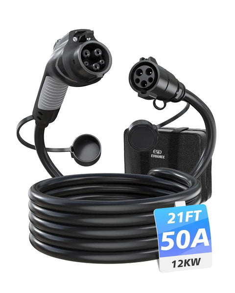 J1772 EV Charger Extension Cable 50 Amp 21 Ft Heavy Duty Charging Cord with plug and connectors for electric vehicles.