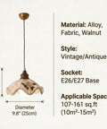 Fabric Pendant Light Flower Pattern Shade Wooden Hanging Lamp Vintage Ceiling Fixture Retro Decorative Lighting for Bedroom Dining Room Kitchen Island, 9.8 inch diameter.