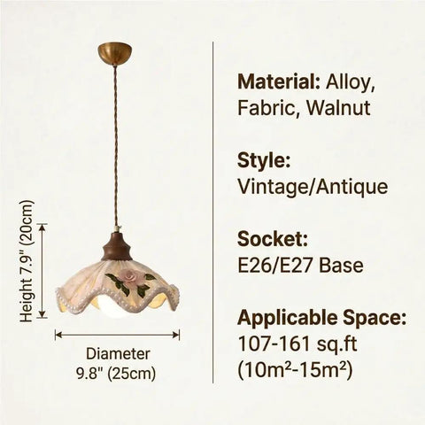 Fabric Pendant Light Flower Pattern Shade Wooden Hanging Lamp Vintage Ceiling Fixture Retro Decorative Lighting for Bedroom Dining Room Kitchen Island, 9.8 inch diameter.