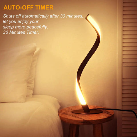 S Shaped Spiral LED Table Lamps Set Of 2 With Three Color Modes And Ten Brightness Levels on bedside table, auto-off timer