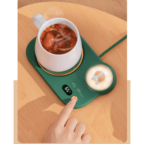 Portable Digital Cup Warmer With Three Heat Settings Hits The Spot Every Time Keeps Your Daily Brew Steaming Hot Sleek Coaster For Office Desk Dorm Rooms on wooden surface with mug and digital display.