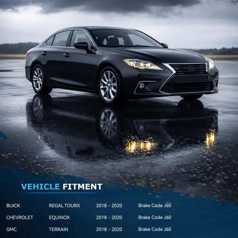 Bolt On Ceramic Brake Kit For GM Crossovers 2018 To 2020 Front 11.81 Inch Rotors Rear 11.34 Inch Rotors Includes Front And Rear Ceramic Pads And Hardware For Chevrolet Equinox Buick Regal TourX And GMC Terrain fitment chart with car image.