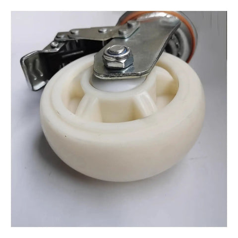 Heavy Duty Nylon Swivel Casters With Locking Brake, 4 Inch Threaded Stem Wheels, close-up of wheel and brake lever.
