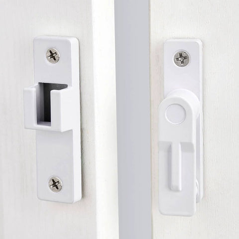 White Flip Barn Door Lock with 180 Degree Privacy Latch and Zinc Alloy Security Hardware for barn doors, garden gates, installed view