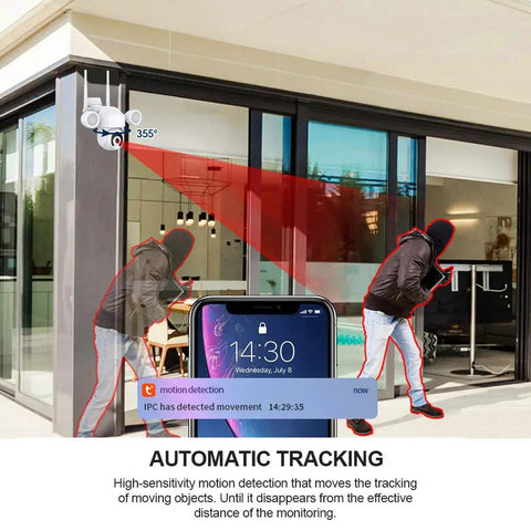 2K 3MP Outdoor WiFi Floodlight Security Camera with PTZ demonstrating motion tracking and smartphone alert notification