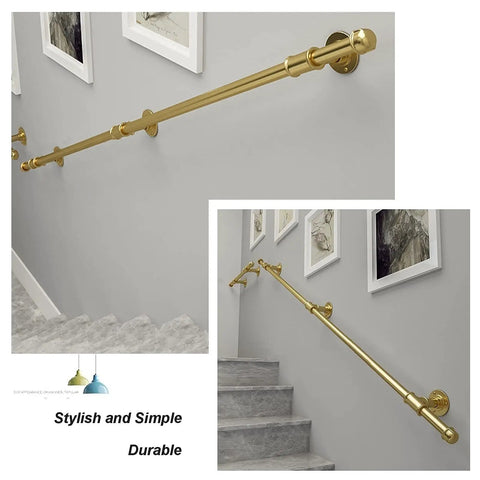 Versatile Modern Handrail For Stairs Featuring Anti Rust Wrought Iron Frame No Sweat Mounting Indoor Outdoor Staircase Railing Supports Extends To Fifteen Feet Elegant Gold on a wall, showcasing sleek design for stair safety.