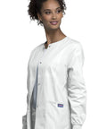 Women Snap Front Warm Up Jacket White Large With Round Neck Short Length Featuring Two Big Patch Pockets And A Handy Cell Phone Pocket