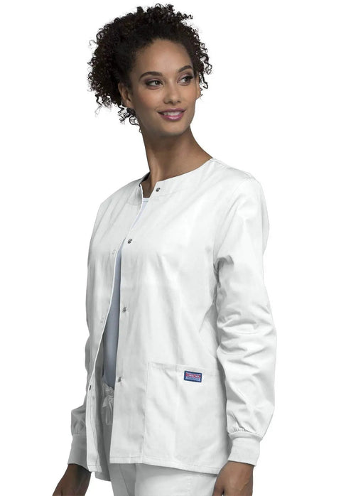Women Snap Front Warm Up Jacket White Large With Round Neck Short Length Featuring Two Big Patch Pockets And A Handy Cell Phone Pocket