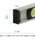 Heavy Duty 72 Inch Aluminum I Beam Level with three vials, showing rugged caps, smooth grips, and measurement details.