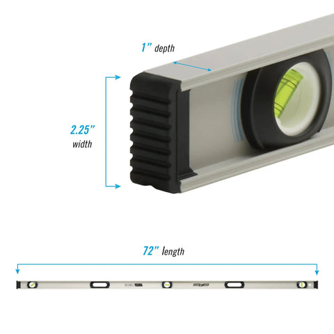 Heavy Duty 72 Inch Aluminum I Beam Level with three vials, showing rugged caps, smooth grips, and measurement details.