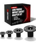 Low Profile Impact Socket Adapter Set For Tight Spaces With Cr Mo Steel Ratchet Converters To Go From 1/4 In To 3/8 In, 3/8 In To 1/2 In, 1/2 In To 3/4 In And 3/4 In To 1 Inch Like A Total Boss. 4-piece kit shown with box