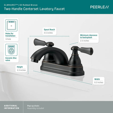 Elmhurst Two-Handle Bath Faucet Centerset In Oil Rubbed Bronze, 4-Inch Fits 3-Hole Installations, Push Pop-Up Drain Included