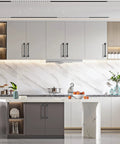 Modern kitchen with 10 Pack 5 Inch Matte Black Cabinet Handles For Kitchen Cabinets And Drawers, 128mm Length, installed on cabinets