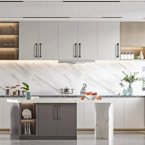 Modern kitchen with 10 Pack 5 Inch Matte Black Cabinet Handles For Kitchen Cabinets And Drawers, 128mm Length, installed on cabinets