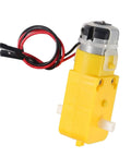 Yellow DC gear motor with dual shaft, prewired leads, part of Six Pack Prewired DC Gear Motors With Dual Shaft For DIY Smart Car Robots.