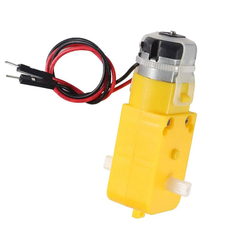 Yellow DC gear motor with dual shaft, prewired leads, part of Six Pack Prewired DC Gear Motors With Dual Shaft For DIY Smart Car Robots.