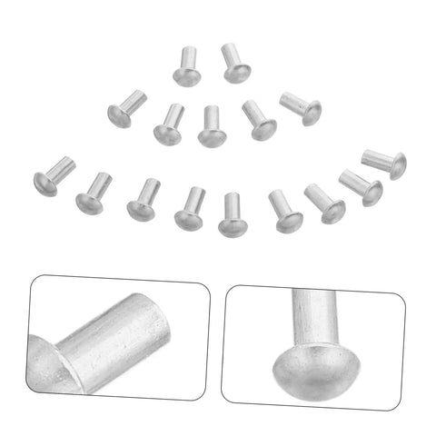 Two Hundred Aluminum Brazier Head Rivets M5x10 Millimeters With A Sleek Silver Dome Shape Loaded With Badass Strength For Quick Boot Repair And Straightforward Leather Crafting Tasks, showcasing multiple rivets.