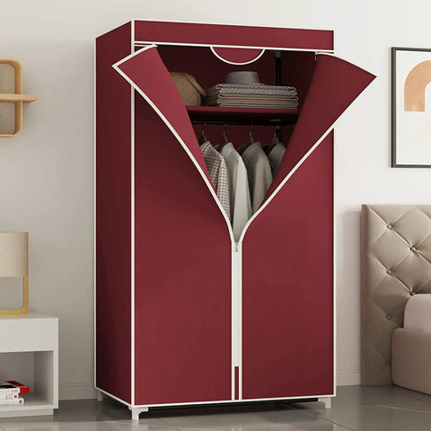Freestanding Portable Canvas Wardrobe Heavy Duty Steel Frame Hanging Rail And Shelf Divider Fabric Closet Clothes Toy Organizer Hassle Free Setup Room Saving Clutter Crusher Pink