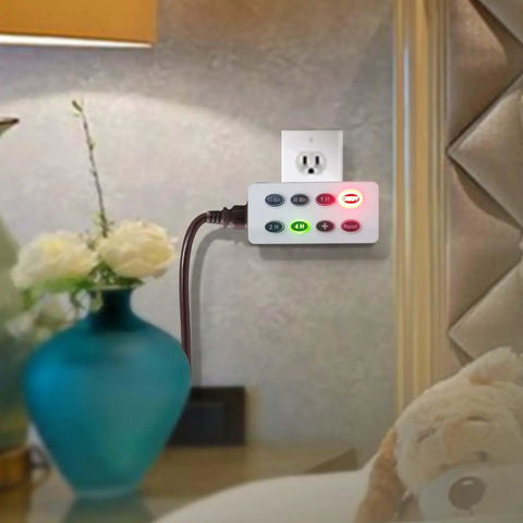 Dead Simple 2 Pack Indoor Countdown Timer With Auto Shut Off Outlet And Illuminated Buttons, mounted on wall with illuminated controls.