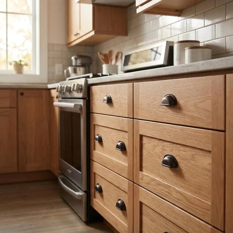Gotta Get Your Hands On This Sleek Oil Rubbed Bronze Cup Pull For A Damn Cool Halfmoon Aesthetic And Rock Solid 3 Inch Center For Quick Kitchen Or Bathroom Refreshes on oak cabinetry