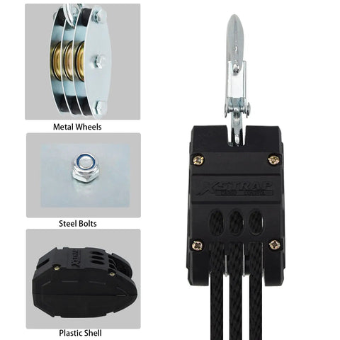 5 To 1 Block And Tackle Pulley Hoist System With 50 Ft Heavy Duty Poly Rope, 2000 Lb Breaking Strength, 1000 Lb Load Capacity, Zinc Plated Steel Wheel Block, Safe Quick Hooks, Includes Two 18 Inch Soft Loops, black pulley block with metal wheels and hook