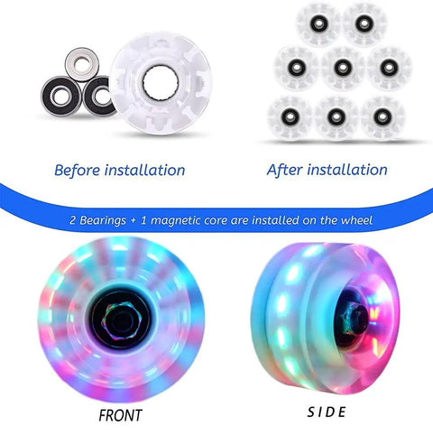 Lit Up Roller Skate Wheels 8 Pack With 78A Hardness And Pro Grade ABEC-9 Bearings LED Glow Wheels installation steps and lighting.