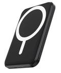 Ultra Slim Magnetic Power Bank With MagSafe 5000Mah Portable Charger, black, compact design with white magnetic logo.