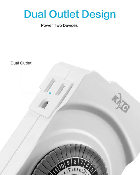Workhorse 2 Pack Mechanical Outlet Timers Dual Plug-In Switches For Indoor Home Automation Grounded 3 Prong Design White Finish dual outlet design with adjustable timer.