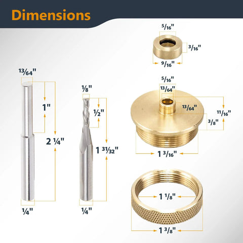 PowerTEC router brass inlay kit with bushing guide set, centering pin, collar, and 1/8" carbide bit with 1/4" shank.