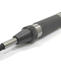 Heavy Duty Automatic Center Punch With Replaceable Hardened Steel Tip Spring Loaded Precision Marking Tool For Shop And Metalworking Projects, side view of black tool with steel tip.