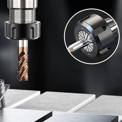 Close-up of Two Pack ER11 Collet One Eighth Inch High Precision Spring Collet Chuck in a CNC machine, showing its precision fit and durable beefy spring steel construction.