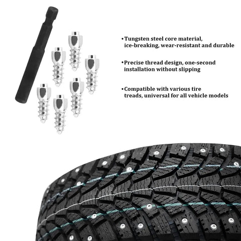 200 Pcs Carbide Snow Tire Studs With Install Tool Anti Ice Wheel Spikes Universal Fit Cars Trucks RVs Keeps Your Tires Grippin Tight On Slick Winter Blacktop, tungsten steel studs and installation tool over tire tread.