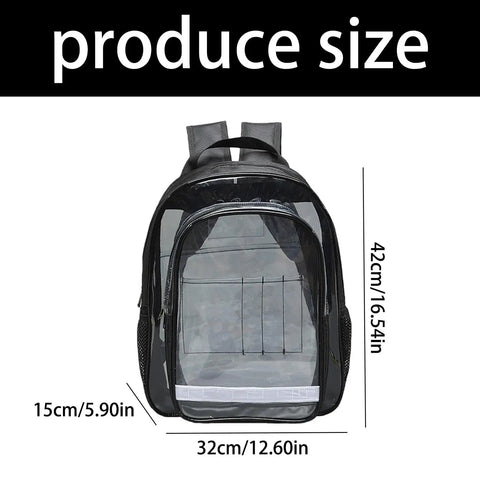 Slick Clear PVC Tool Backpack For Cleanroom Engineers Hauling Laptops And Essential Kits With Cushioned Straps And Reinforced Handles crafted from durable material, showing dimensions.