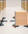 Heavy Duty Fully Adjustable Mobile Base Kit With Universal Steel Caster Wheels For Moving Shop Tools Machinery Rack Gear Server Setup Up To 600 Lb shown supporting two cardboard boxes.