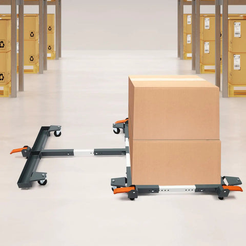 Heavy Duty Fully Adjustable Mobile Base Kit With Universal Steel Caster Wheels For Moving Shop Tools Machinery Rack Gear Server Setup Up To 600 Lb under two cardboard boxes in a warehouse.