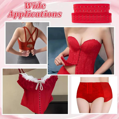 Rock Solid Three Inch 3 Row Hook And Eye Bra Extender Tape In Vibrant Red shown being used with a red corset.
