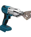 Powerful Dan&Dre Cordless Metal Shear With 400Nm Torque Brushless Motor And 360 Degree Rotation For Cutting Stainless Steel Aluminum Sheets Up To 20 Gauge Perfect For Hvac Contractors Needing Clean Precise Cuts With Led Light And Ip54 Housing side view showing blue cordless shear designed for cutting metal sheets.