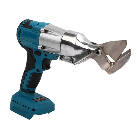 Powerful Dan&Dre Cordless Metal Shear With 400Nm Torque Brushless Motor And 360 Degree Rotation For Cutting Stainless Steel Aluminum Sheets Up To 20 Gauge Perfect For Hvac Contractors Needing Clean Precise Cuts With Led Light And Ip54 Housing side view showing blue cordless shear designed for cutting metal sheets.