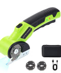 Powerhouse Cordless Electric Scissors With Rechargeable 4 Point 2V Battery And Self Sharpening Rotary Blades For Effortless Cardboard Cutting Led Light And Safety Lock Includes Two Spare Blades To Knock Out Shipping Boxes Like A Boss showing ergonomic handle and spare blades.