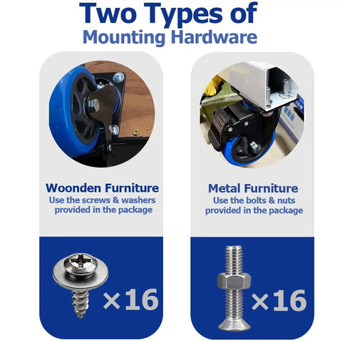 Two types of mounting hardware for 4 Inch Heavy Duty Caster Wheels Set Of Four With Dual Locking Brakes and Polyurethane Foam Treads.