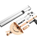 Adjustable Aluminum Miter Gauge Featuring Rock Solid Angle Lock and Smooth As Butter Gliding Track for Table Saw and Router Tasks Built Tough for Dead Nuts Accuracy Daily, showing components and assembled parts.