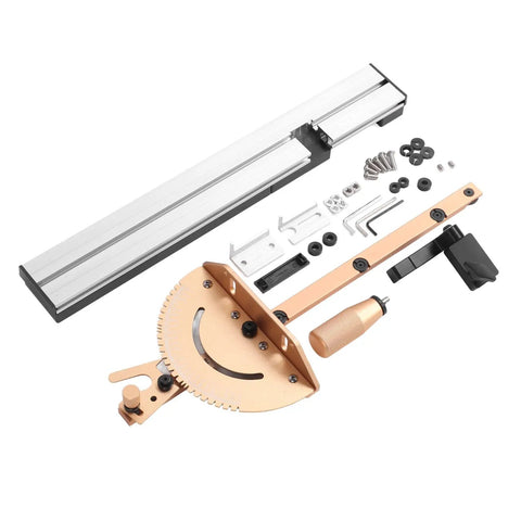 Adjustable Aluminum Miter Gauge Featuring Rock Solid Angle Lock and Smooth As Butter Gliding Track for Table Saw and Router Tasks Built Tough for Dead Nuts Accuracy Daily, showing components and assembled parts.