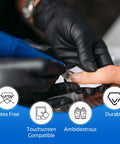 Black Nitrile Exam Gloves Medium 4 Mil Powder Free Latex Free Food Safe Medical Grade Puncture Resistant 100 Count Box in use