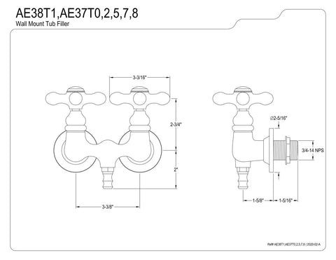Vintage Vibe Clawfoot Tub Faucet Matte Black Wall Mount Brass Fixture With Drip Free Ceramic Disc 7 GPM technical diagram