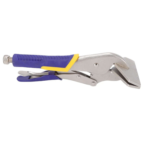 Locking Sheet Metal Clamp 10 Inch With Duckbill Pliers for auto repair, featuring carbon steel tool with adjustable screw, purple rubber grip.